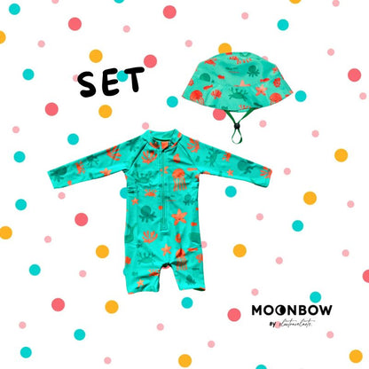 Kids Swim Onesie + Hat set in Marine Parade with REPREVE®