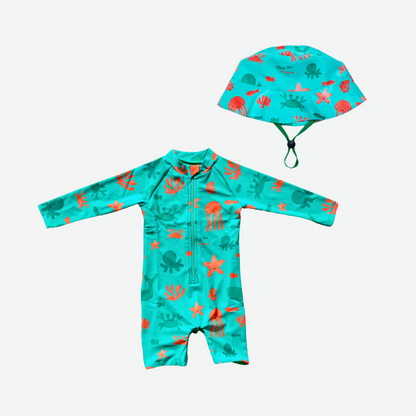 Seafoam Splash Marine Parade REPREVE® เซ็ตชุดว่ายน้ำเด็กแบบชิ้นเดียว + หมวก