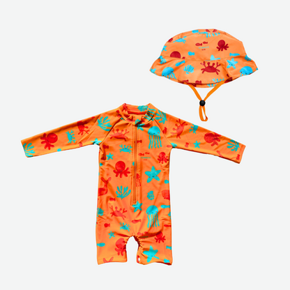 Tangerine Splash Marine Parade REPREVE® ชุดว่ายน้ำเด็กแบบวันพีซพร้อมหมวก